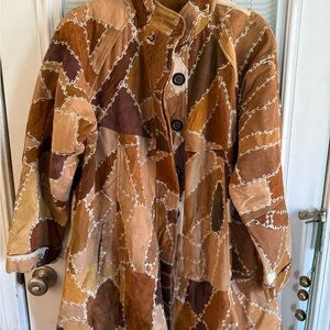 Vintage 80s Magic Leather & Suede Patchwork Teddy Jacket in Brown Tan Button